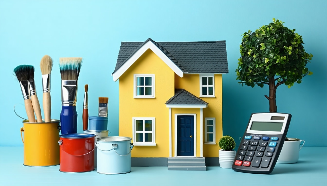 A miniature yellow house with paint cans, brushes, and a calculator, illustrating painting costs. Learn the cost of exterior painting.